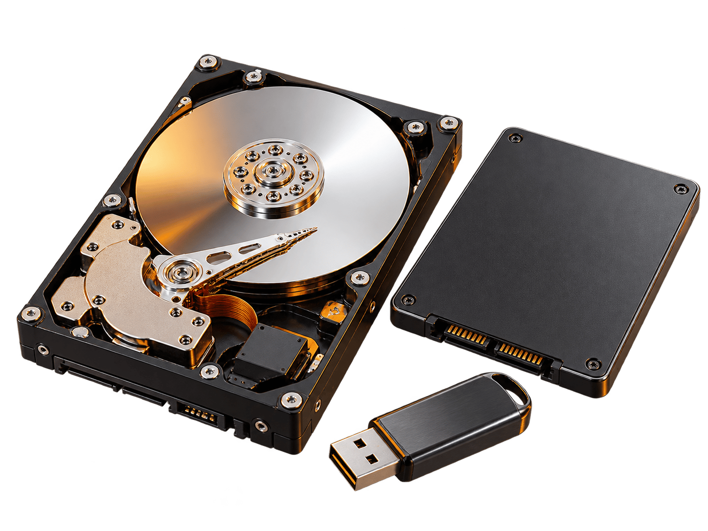 Открытый жёсткий диск, SSD и USB-флешка