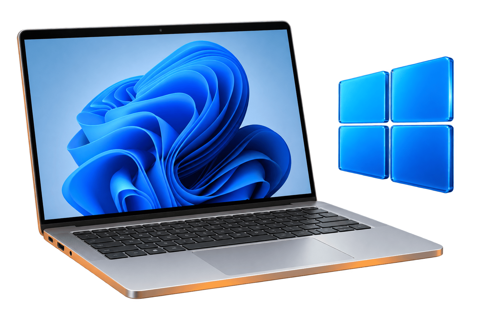 Ноутбук с Windows и объёмный синий знак Windows