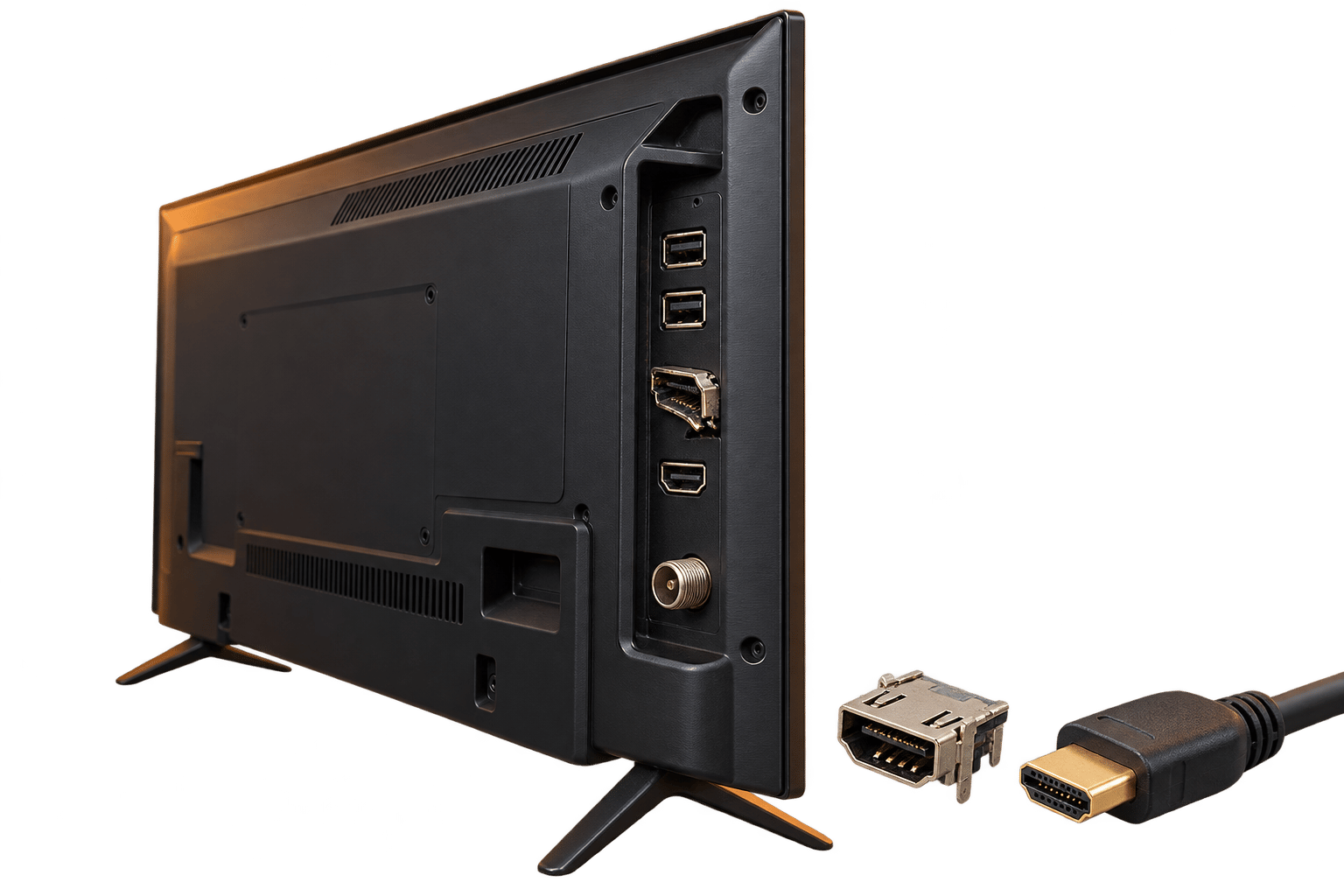 Задняя панель телевизора с повреждённым разъёмом HDMI и новый разъём